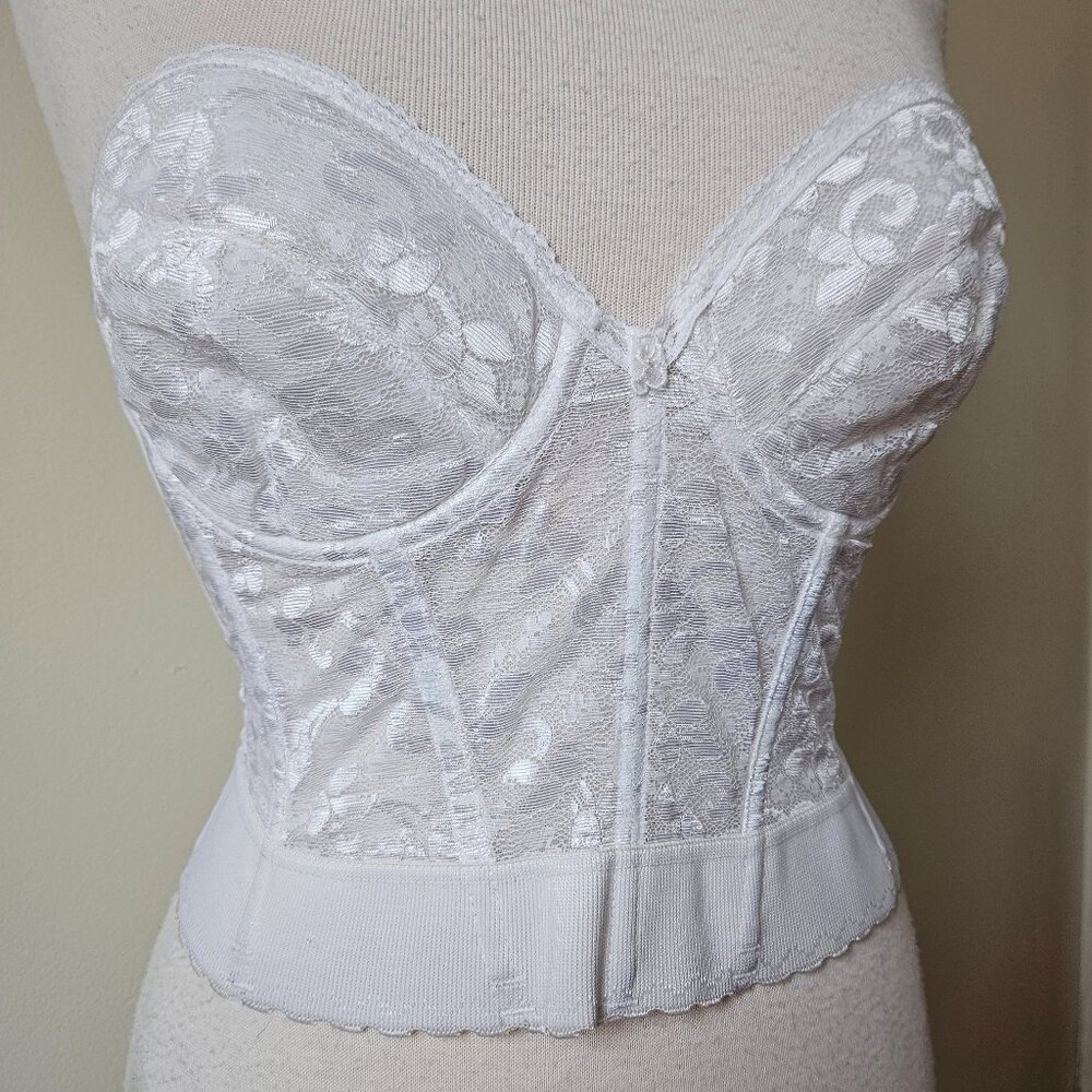 Vintage 80s Corset Bra Longline White Lace Sz 36C Strapless Hook Back Underwire